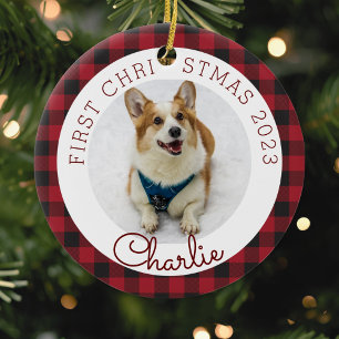 Red Buffalo Check Pet's First Christmas Photo Ceramic Ornament