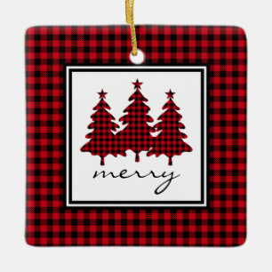 Red Buffalo Check Pine Trees Ceramic Ornament