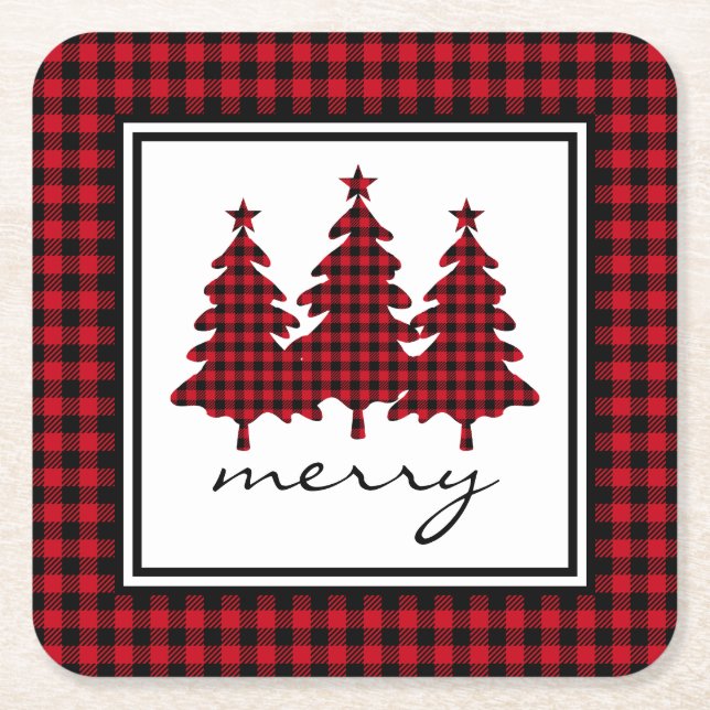 Red Buffalo Check Pine Trees Square Paper Coaster (Front)