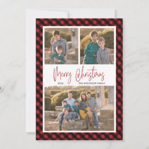 Red Buffalo Check Plaid 3 Photo Collage Christmas Holiday Card