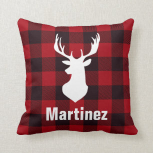 Red Buffalo Check Plaid Deer Head Personalised Cushion