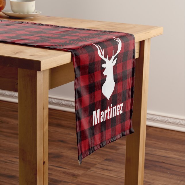 Red Buffalo Check Plaid Deer Head Personalised Short Table Runner (In Situ)