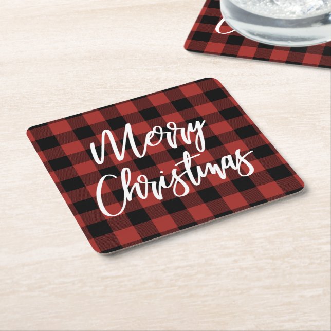 Red Buffalo Check Plaid Merry Christmas Square Paper Coaster (Angled)