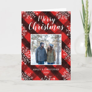 Red Buffalo Check Rustic Photo Merry Christmas Holiday Card