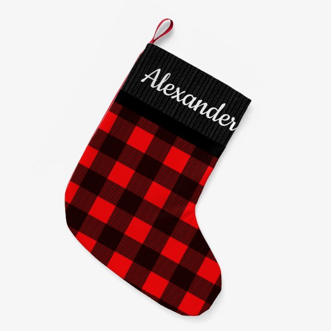 Red Buffalo Check Sweater Pattern Country Name Small Christmas Stocking (Front (Hanging))