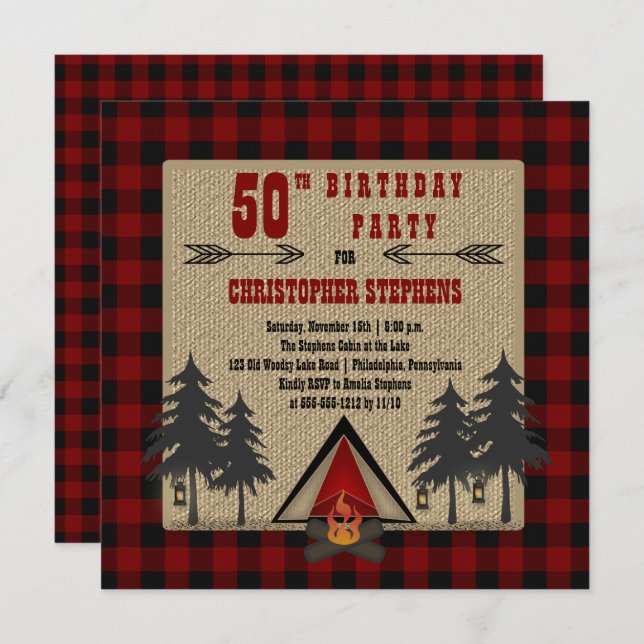 Red Buffalo Checks Man's Rustic Birthday Party Invitation (Front/Back)