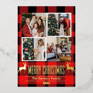 Red Buffalo Christmas holidays Family 4 Photo Foil Holiday Card