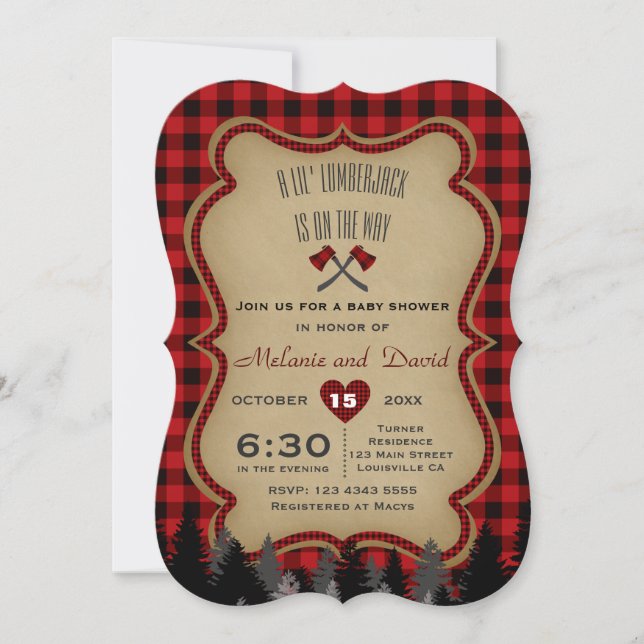 Red Buffalo Little Lumberjack Baby Shower Invite (Front)