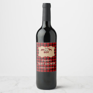 Red Buffalo Lumberjack Little Hunter Baby Shower Wine Label