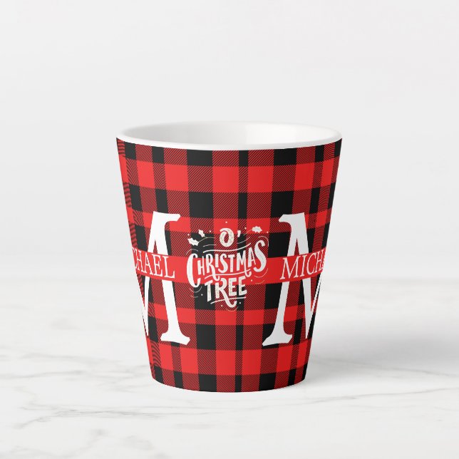 Red Buffalo Monogram Name Christmas holiday  Latte Mug (Front)