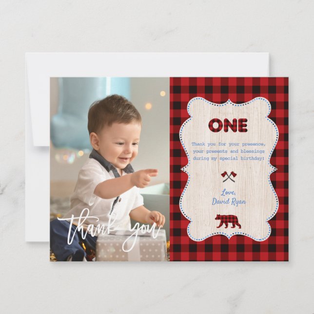 Red Buffalo Photo Boy First Year Birthday Thank You Card (Front)