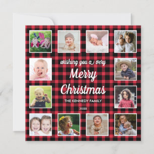 Red Buffalo Plaid 12 Photo Collage  Merry Christm Holiday Card