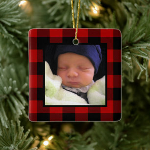 Red Buffalo Plaid 1st Christmas Baby Photo Ceramic Ornament