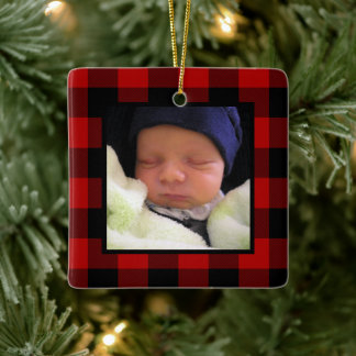 Red Buffalo Plaid 1st Christmas Baby Photo Ceramic Ornament