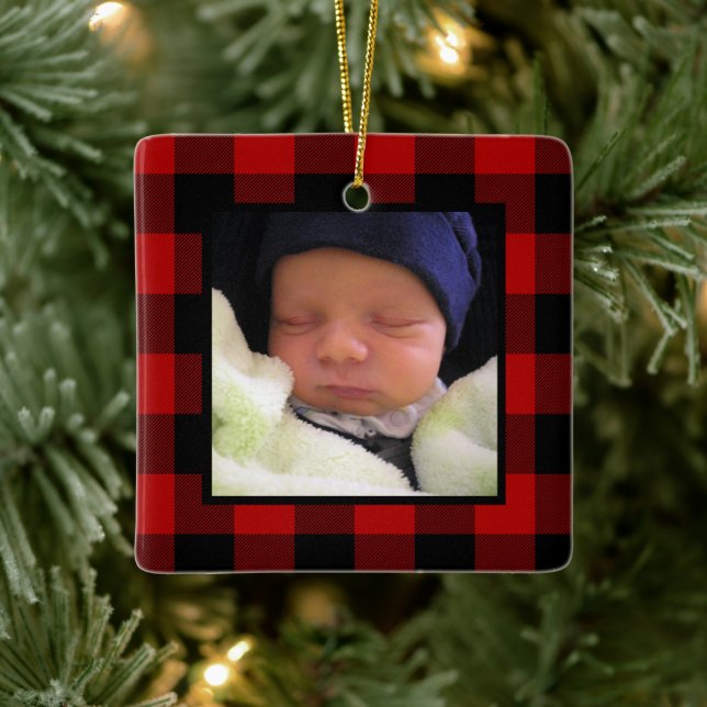 Red Buffalo Plaid 1st Christmas Baby Photo Ceramic Ornament (Tree)
