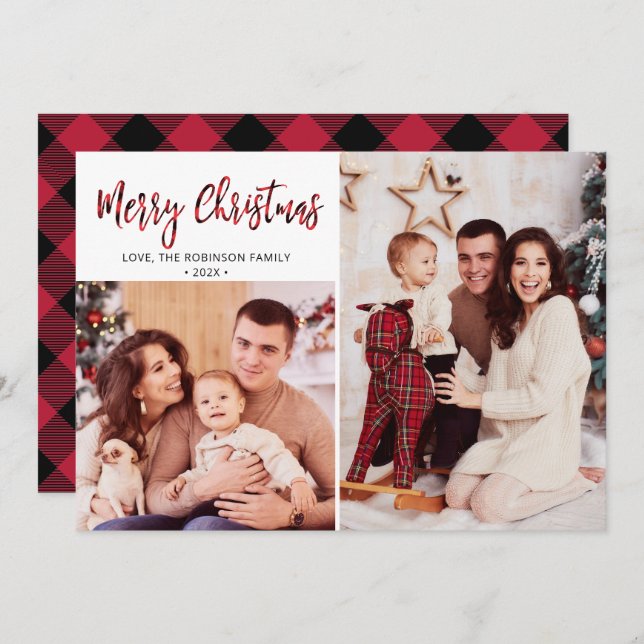 Red Buffalo Plaid 2 Photo Collage Christmas  Holi Holiday Card (Front/Back)