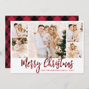 Red Buffalo Plaid 5 Photo Collage Christmas  Holiday Card