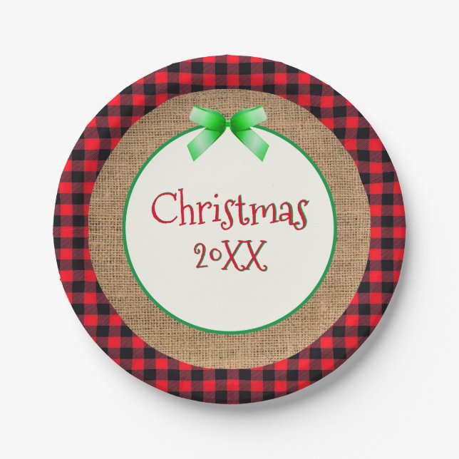 Red Buffalo Plaid and Burlap Christmas with Year Paper Plate (Front)