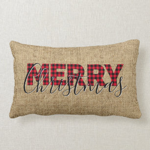 Red Buffalo Plaid and Calligraphy Merry Christmas Lumbar Cushion