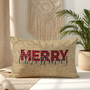 Red Buffalo Plaid and Calligraphy Merry Christmas Lumbar Cushion
