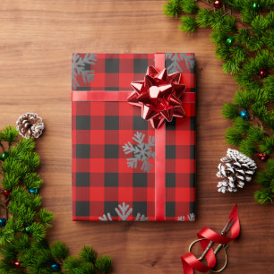 Red Buffalo Plaid and Glitter Snowflakes Wrapping Paper