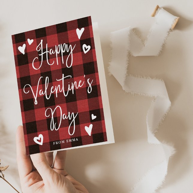 Red Buffalo Plaid and Hearts Happy Valentines Day Holiday Card (A stylish and rustic Valentine's Day card)