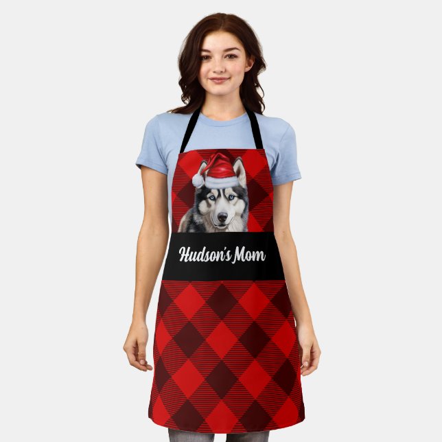 Red Buffalo Plaid and Husky Dog Christmas Apron (Worn)