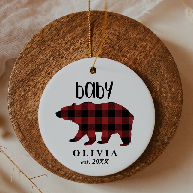 Red Buffalo Plaid Baby Bear Holiday Ceramic Ornament (Creator Uploaded)