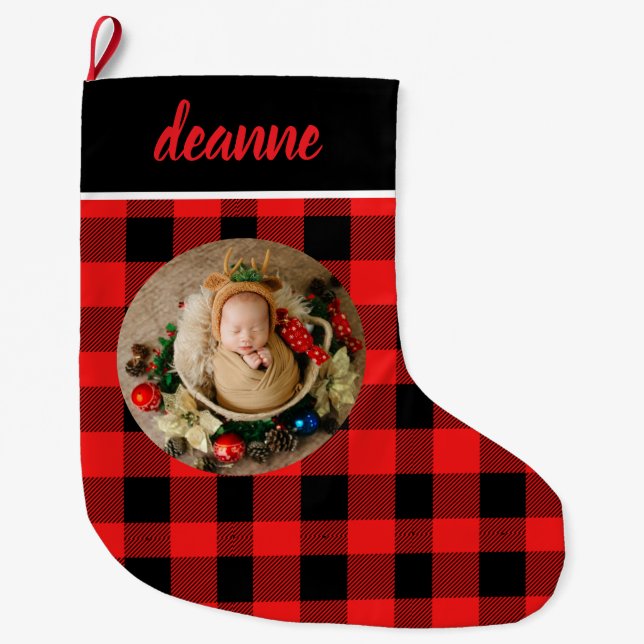 Red Buffalo Plaid Baby's First Christmas Photo Large Christmas Stocking (Front)