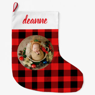 Red Buffalo Plaid Baby's First Christmas Photo Large Christmas Stocking