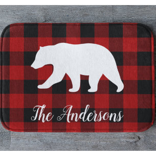 Red Buffalo Plaid & Bear   Personal Name Gift Bath Mat