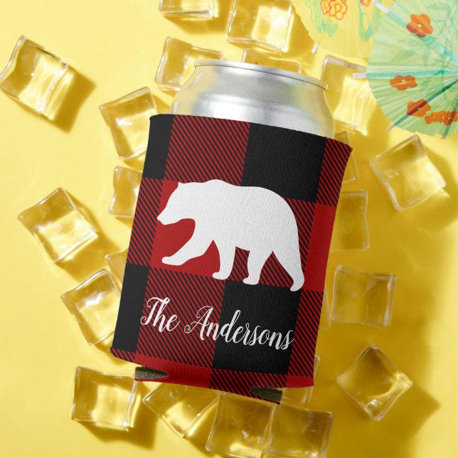 Red Buffalo Plaid & Bear | Personal Name Gift Can Cooler (In Situ Summer)