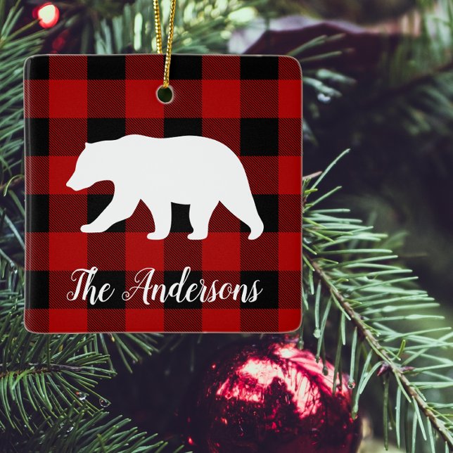 Red Buffalo Plaid & Bear | Personal Name Gift Ceramic Ornament (Creator Uploaded)