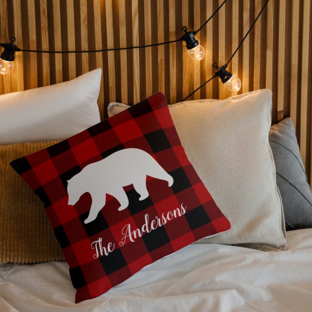Red Buffalo Plaid & Bear | Personal Name Gift Cushion (Creator Uploaded)