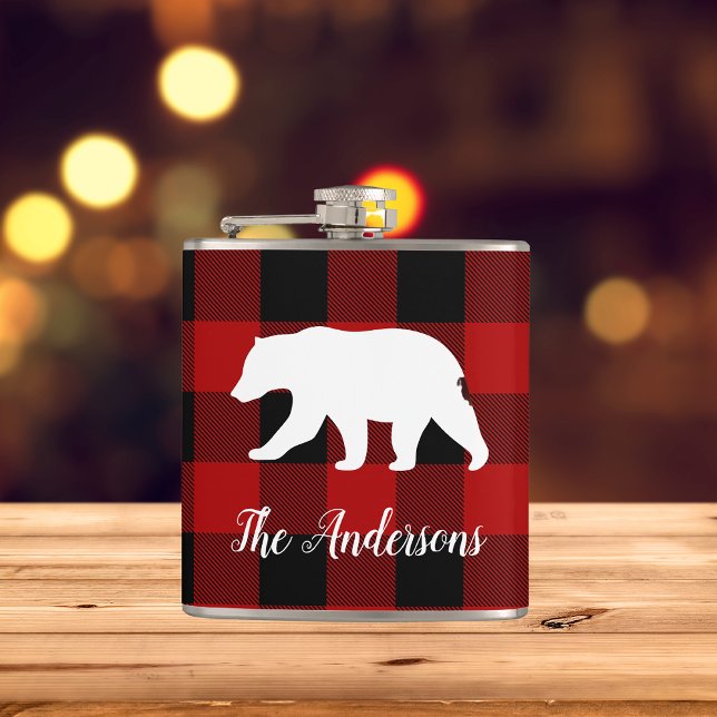 Red Buffalo Plaid & Bear | Personal Name Gift Hip Flask (Creator Uploaded)