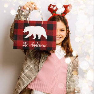 Red Buffalo Plaid & Bear Personal Name Gift Large Gift Bag