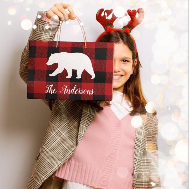Red Buffalo Plaid & Bear | Personal Name Gift Large Gift Bag (Creator Uploaded)