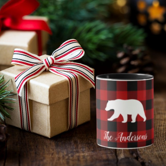 Red Buffalo Plaid & Bear | Personal Name Gift Mug (Creator Uploaded)
