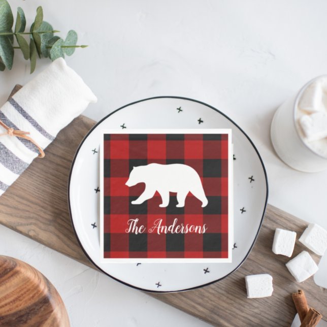 Red Buffalo Plaid & Bear | Personal Name Gift Napkin (Creator Uploaded)