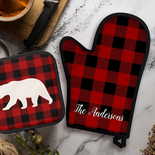 Red Buffalo Plaid & Bear | Personal Name Gift Oven Mitt & Pot Holder Set (Creator Uploaded)