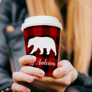 Red Buffalo Plaid & Bear   Personal Name Gift Paper Cups