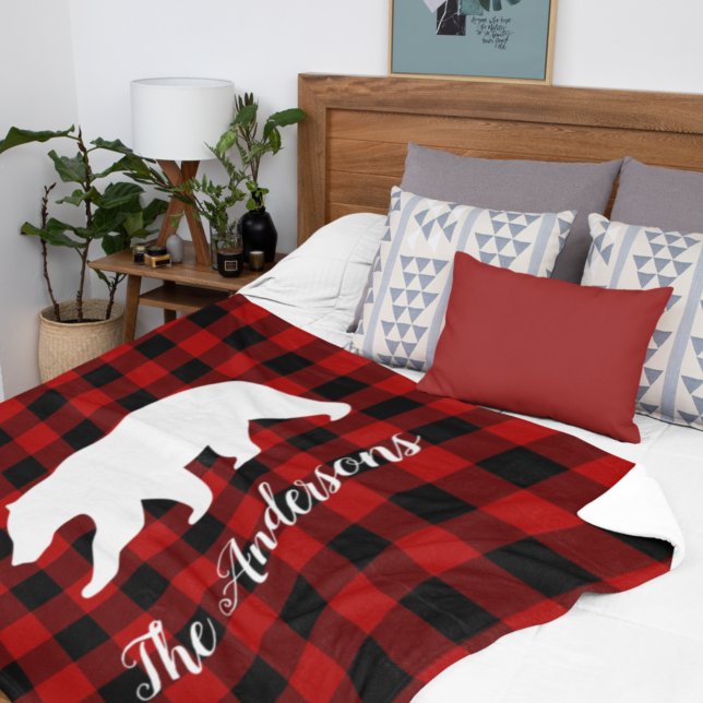 Red Buffalo Plaid & Bear | Personal Name Gift Sherpa Blanket (Creator Uploaded)