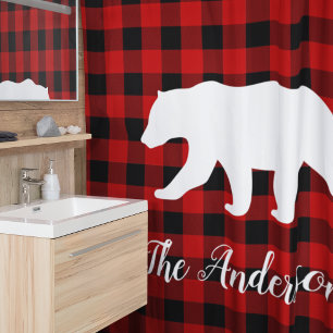 Red Buffalo Plaid & Bear   Personal Name Gift Shower Curtain