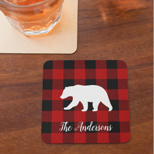 Red Buffalo Plaid & Bear Personal Name Gift Square Paper Coaster