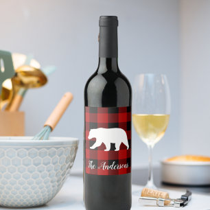 Red Buffalo Plaid & Bear   Personal Name Gift Wine Label