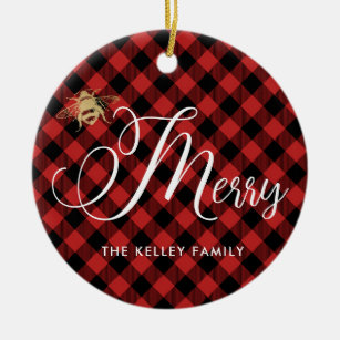 Red Buffalo Plaid Bee Merry, Golden Bee Photo Ceramic Ornament