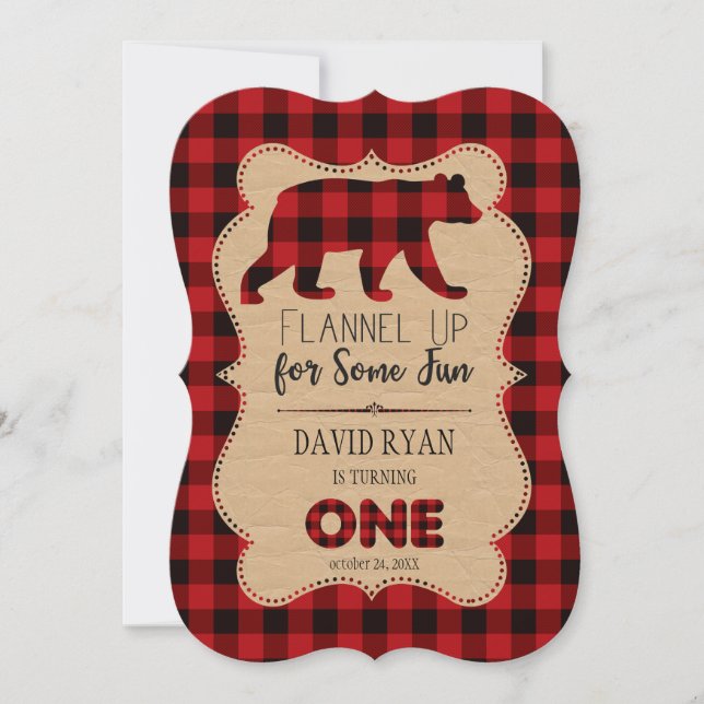 Red Buffalo Plaid Birthday ONE Custom Invitation (Front)