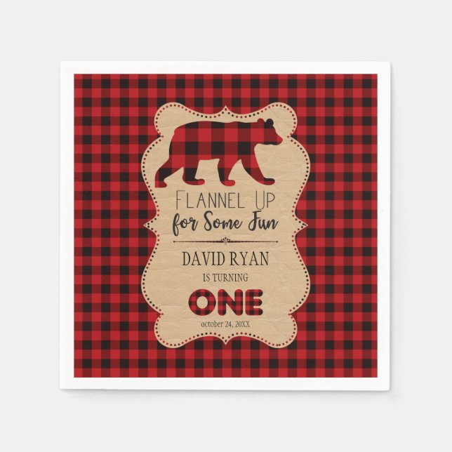 Red Buffalo Plaid Birthday ONE Custom Napkin (Front)