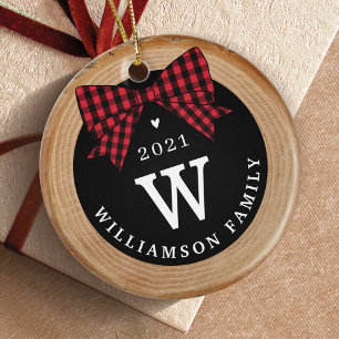 Red Buffalo Plaid Bow Monogram & Photo Wood Slice Ceramic Ornament