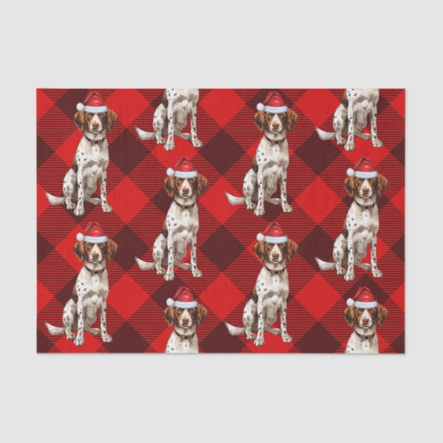 Red Buffalo Plaid Brittany Spaniel Dog Holiday Tissue Paper (Front)